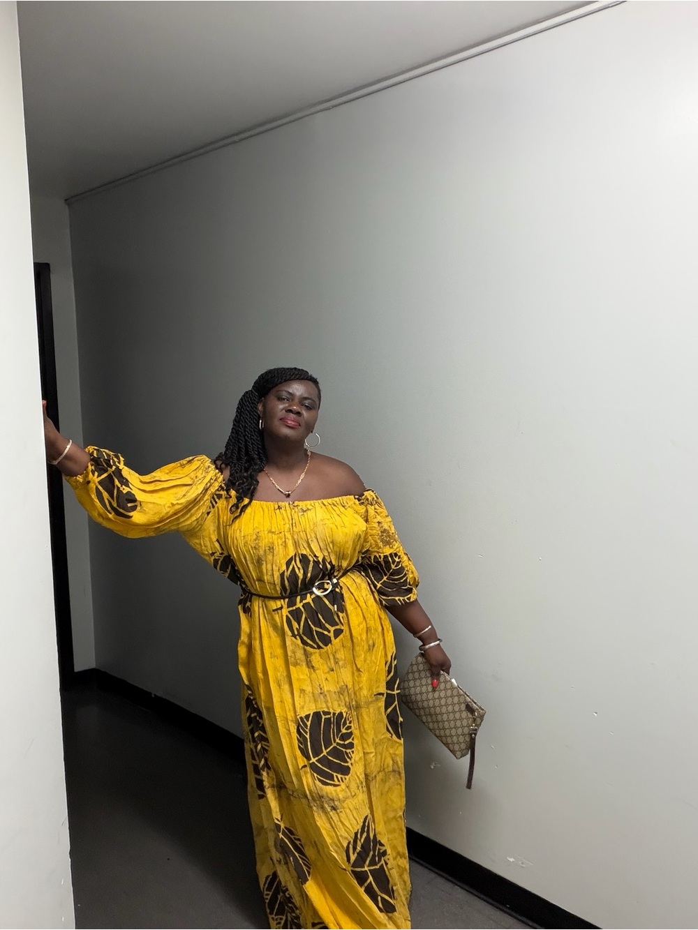 Yellow Off-Shoulder Leaf-Print Maxi Dress with Removable Belt